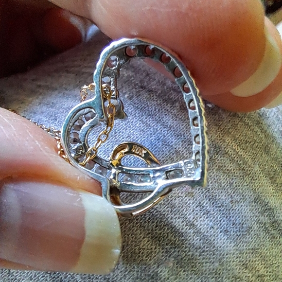 Vintage Sterling Silver & 10K Yellow Gold Double Heart Pendant Graduated Stones - Picture 8 of 10